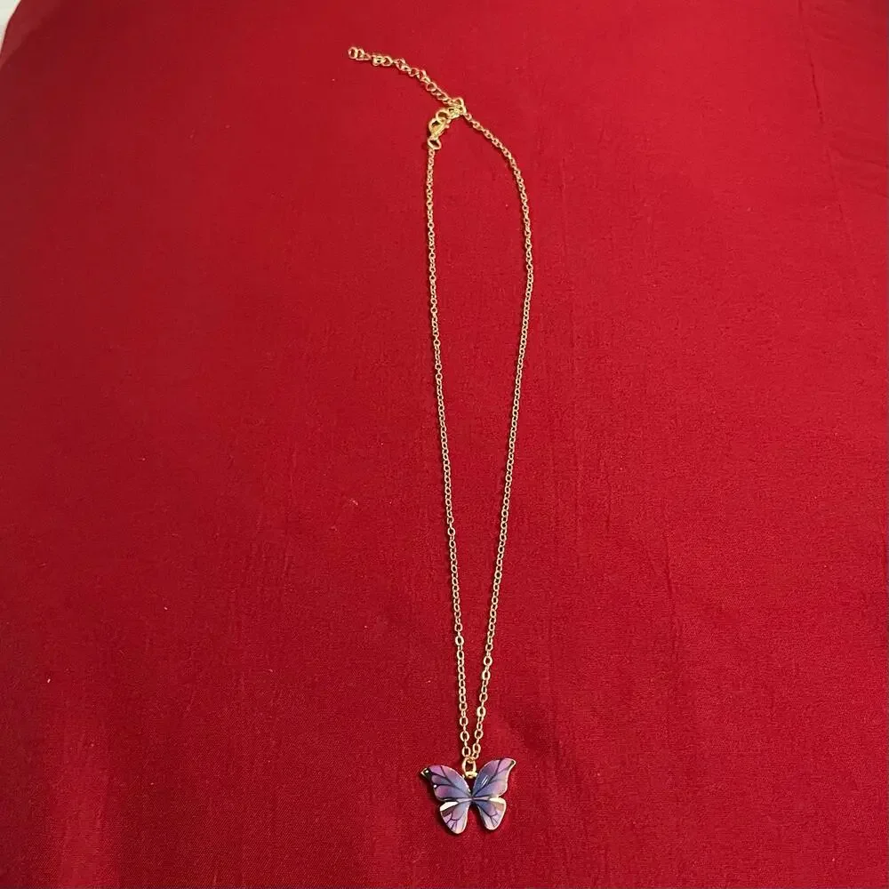 NWOT Girls Dark Purple Multi-colored Butterfly Pendant Necklace with Chain